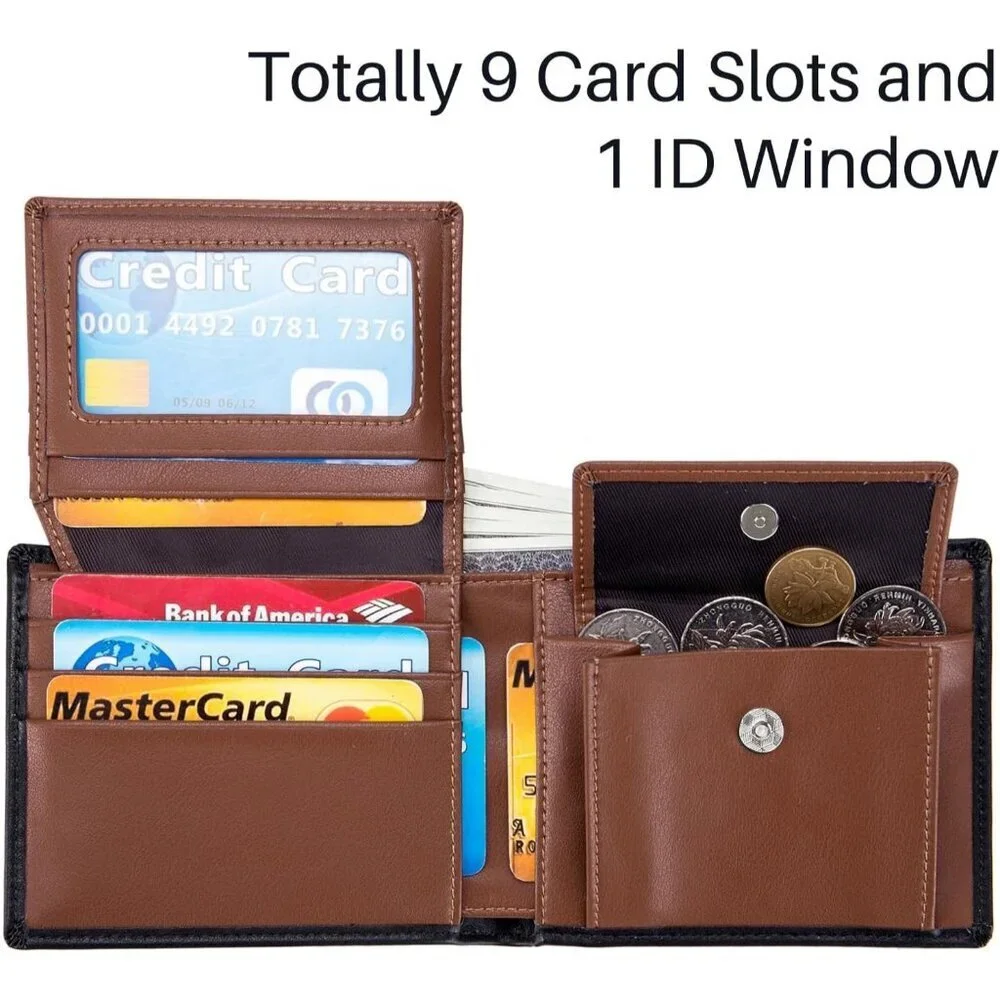 Men's Brown Front Coin Pocket Flip Up Leather Wallet Card Blocking Slim Bifold